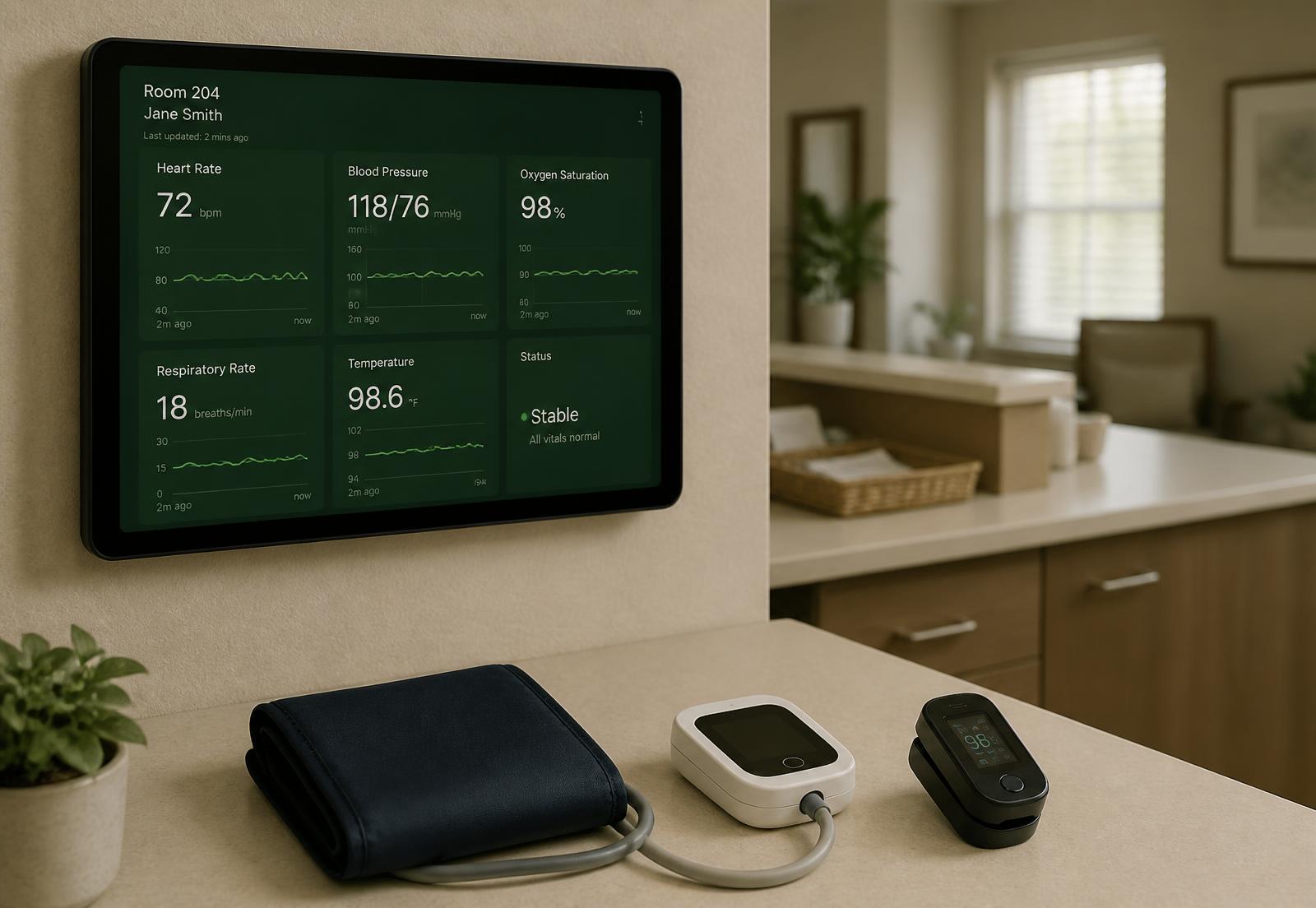 Care station tablet displaying resident vital signs beside connected medical devices